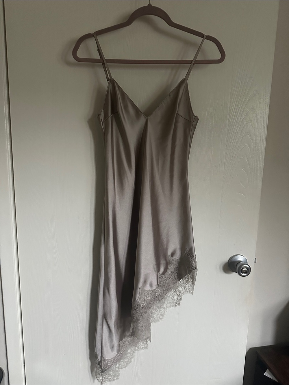 Zara Asymmetrical Slip Dress in Taupe Gray with Lace Trim